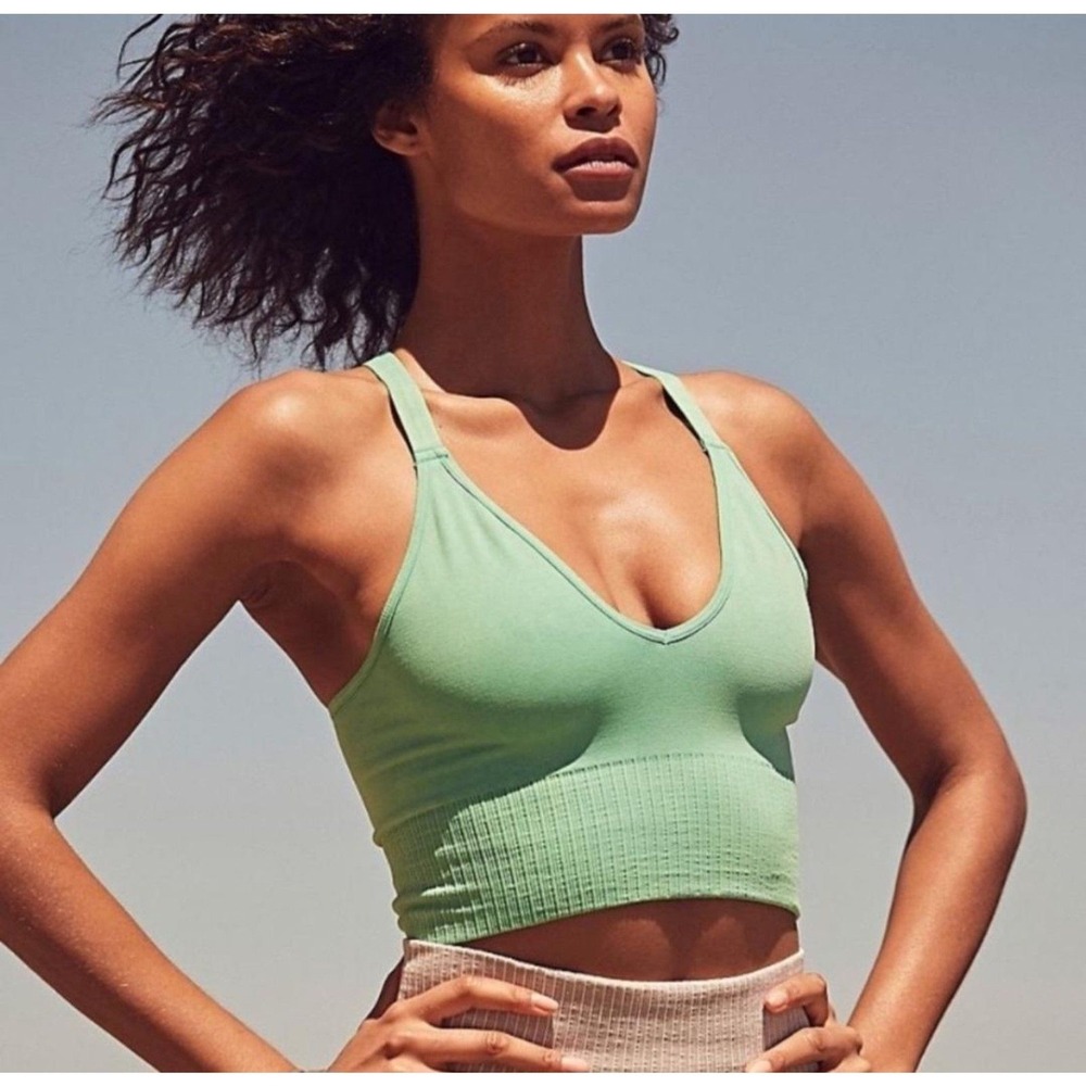 NEW Free People Good Karma V-Neck Crop Top Neon Mint Ribbed Criss Cross Back XS